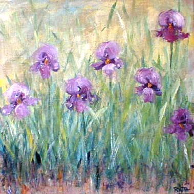 Titel: Purple iris on yellow blue, Kunstenaar: Kauppinen, Riitta
